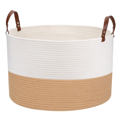 20"x13" gro&szlig;er geflochtener Korb, gro&szlig;er Korb f&uuml;r Decken, runder Handtuchkorb, braun und wei&szlig;