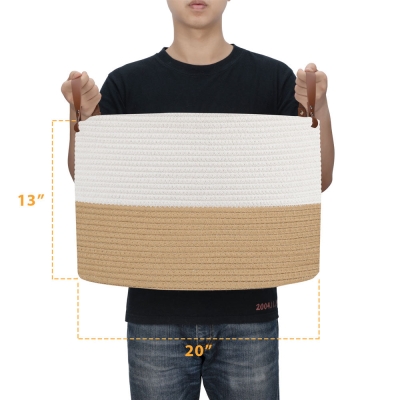 20"x13" gro&szlig;er geflochtener Korb, gro&szlig;er Korb f&uuml;r Decken, runder Handtuchkorb, braun und wei&szlig;