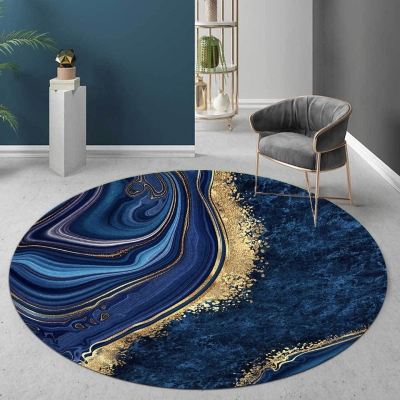 Tappeto rotondo di lusso per soggiorno, tappeto antiscivolo blu oro