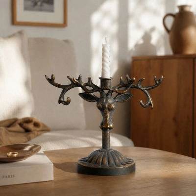 Bougeoir vintage en fer en forme de t&ecirc;te de cerf