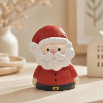 D&eacute;corations de No&euml;l artisanales en bois, &agrave; poser sur une &eacute;tag&egrave;re ou une table.