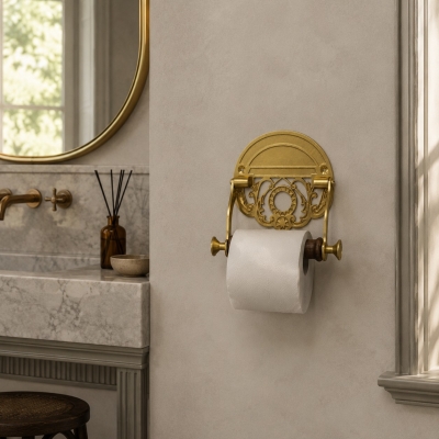 Antiker Toilettenpapierhalter aus Messing mit Walnussholzrolle