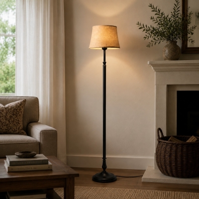 Vintage-Stehlampe aus schwarzem Eisen mit Stoffschirm