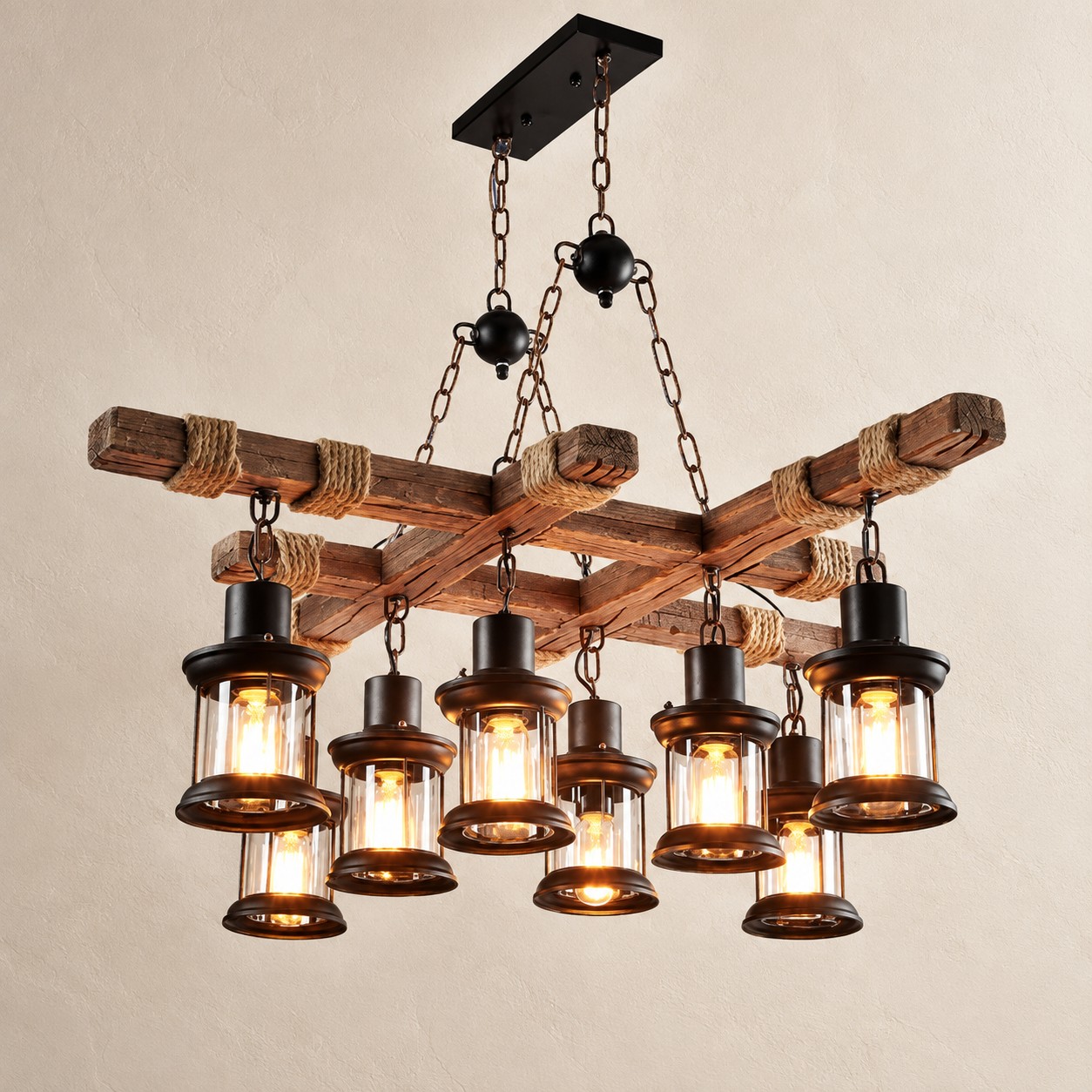 L&aacute;mpara de ara&ntilde;a r&uacute;stica de 8 luces con vigas de madera y cuerda.