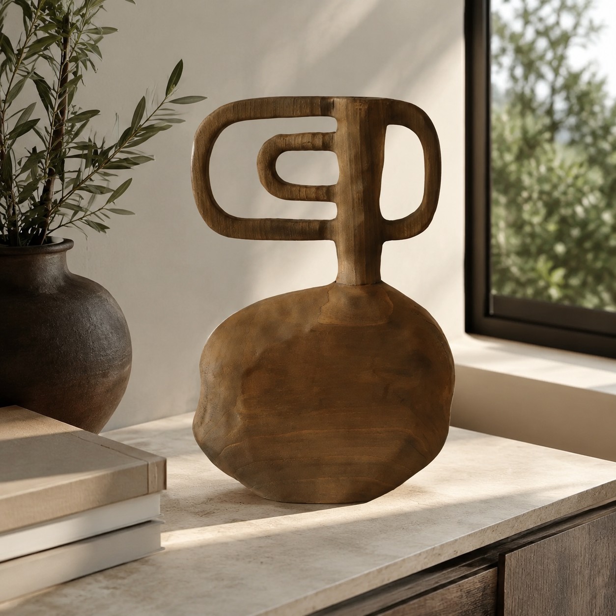 Handgeschnitzte Skulpturenvase aus Massivholz