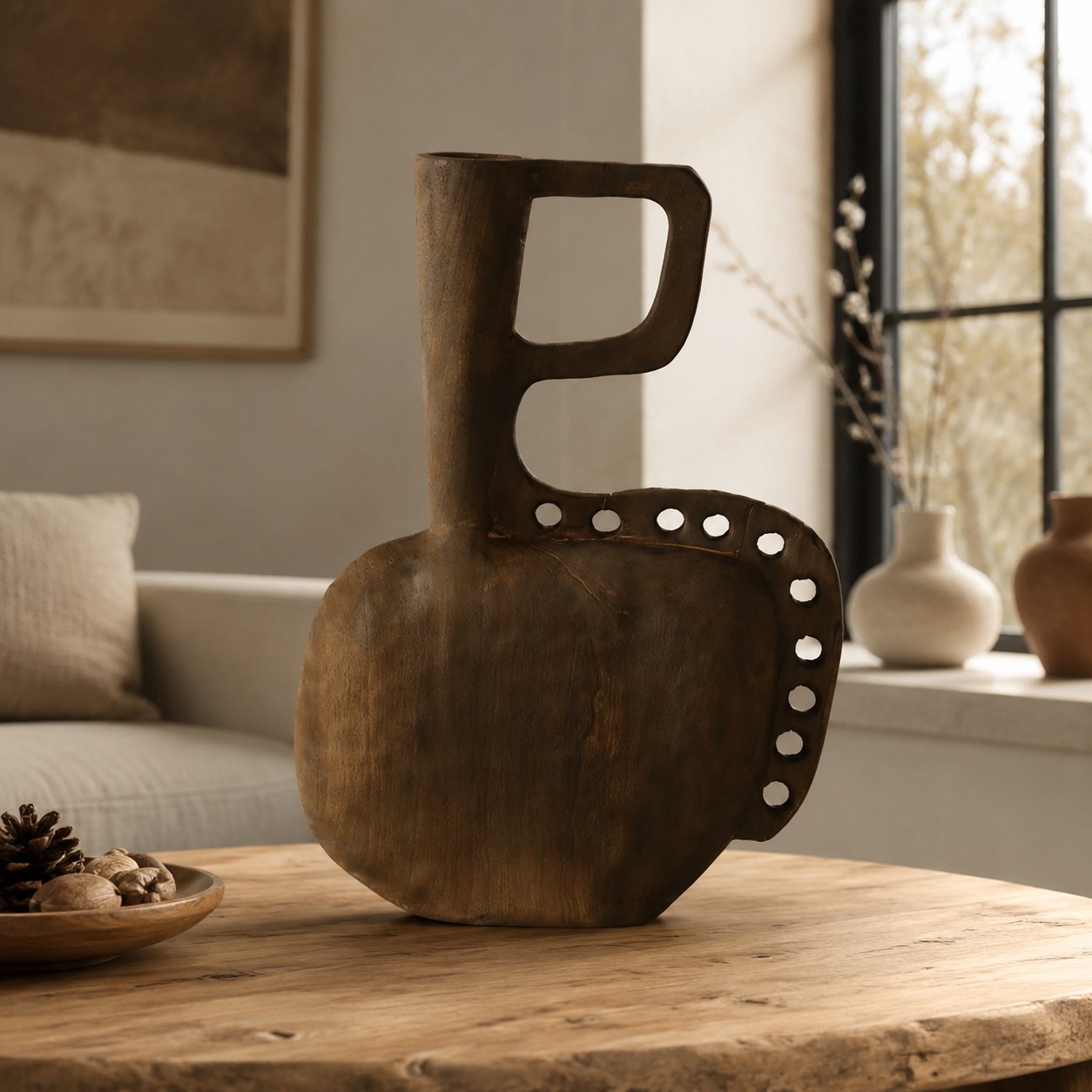 Handgeschnitzte Skulpturenvase aus Massivholz