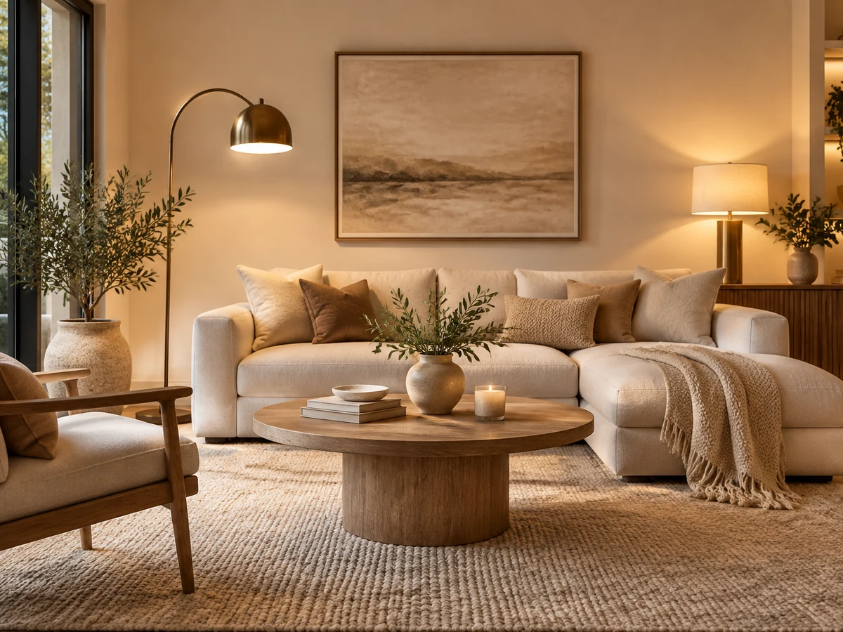 Warm licht en natuurlijke structuren in een cr&egrave;mekleurige woonkamer