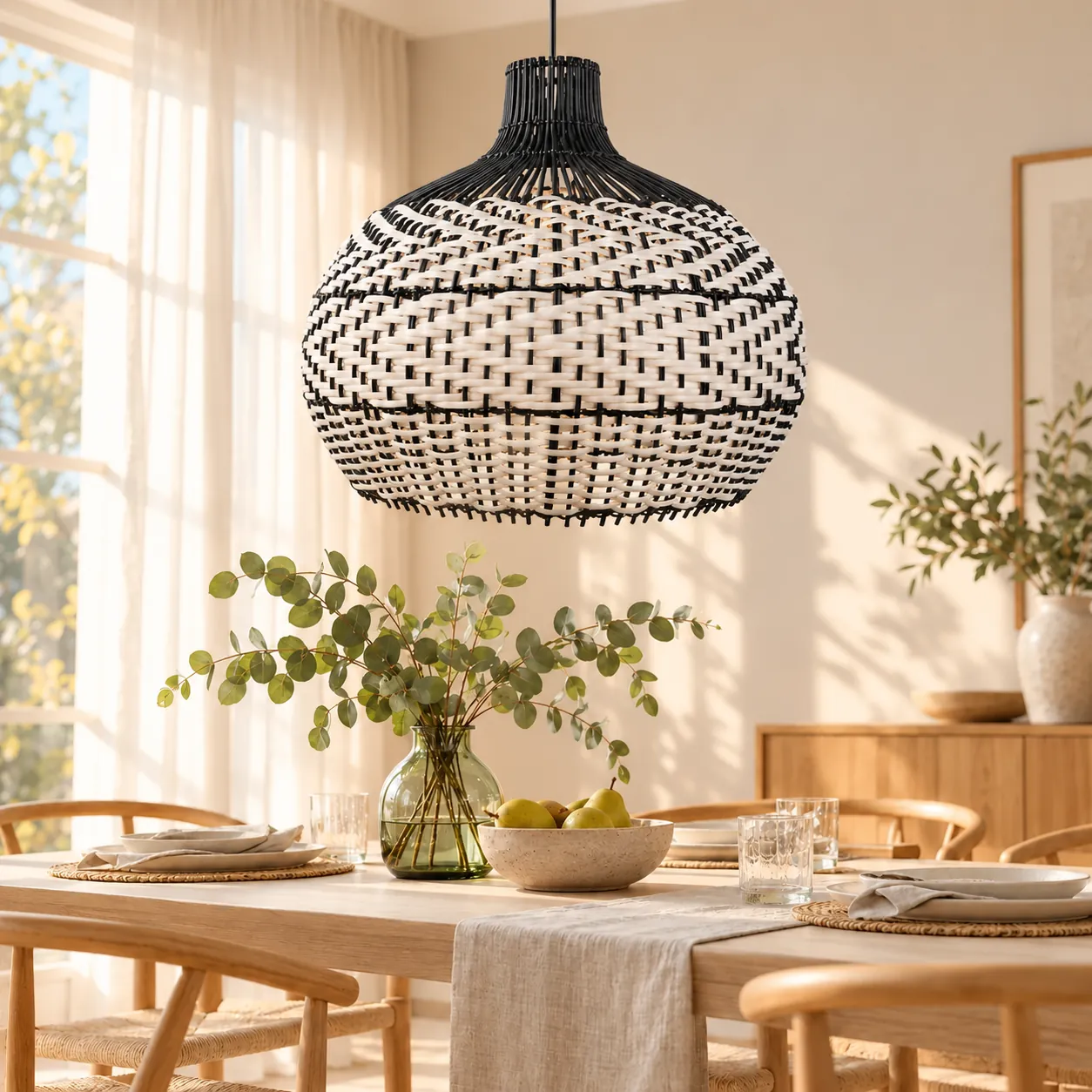L&aacute;mpara colgante de rat&aacute;n blanco y negro sobre una mesa soleada