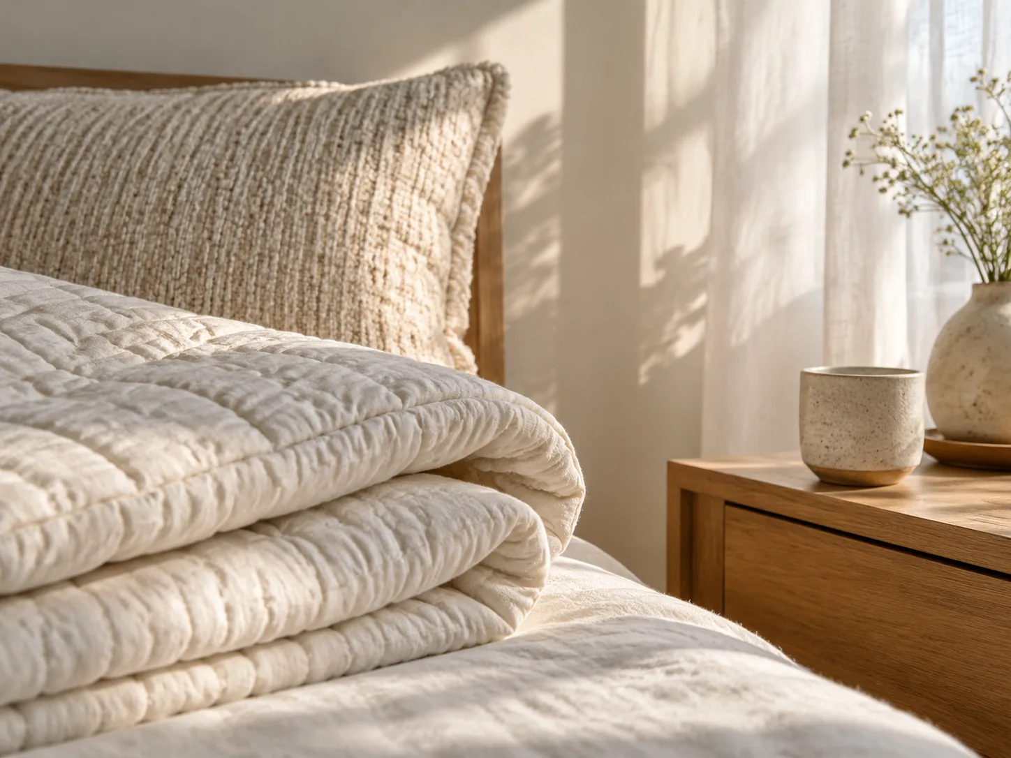 L&aacute;mpara de noche c&aacute;lida junto a ropa de cama color crema