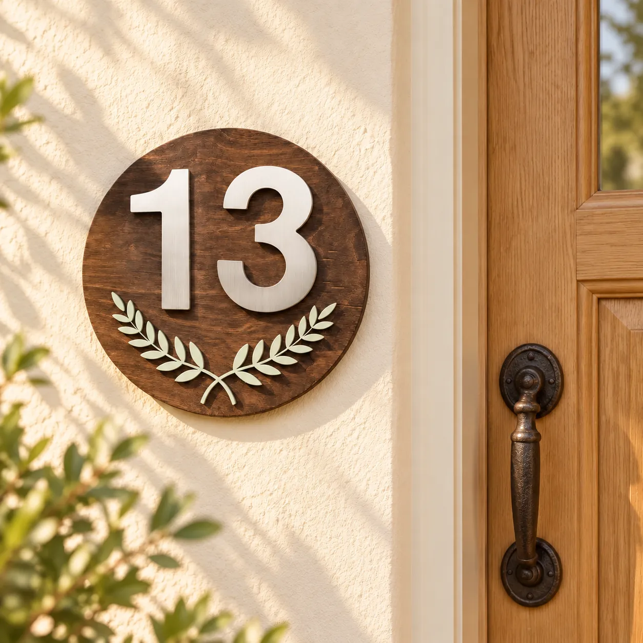 N&uacute;mero de casa de madera y tirador de hierro junto a la puerta