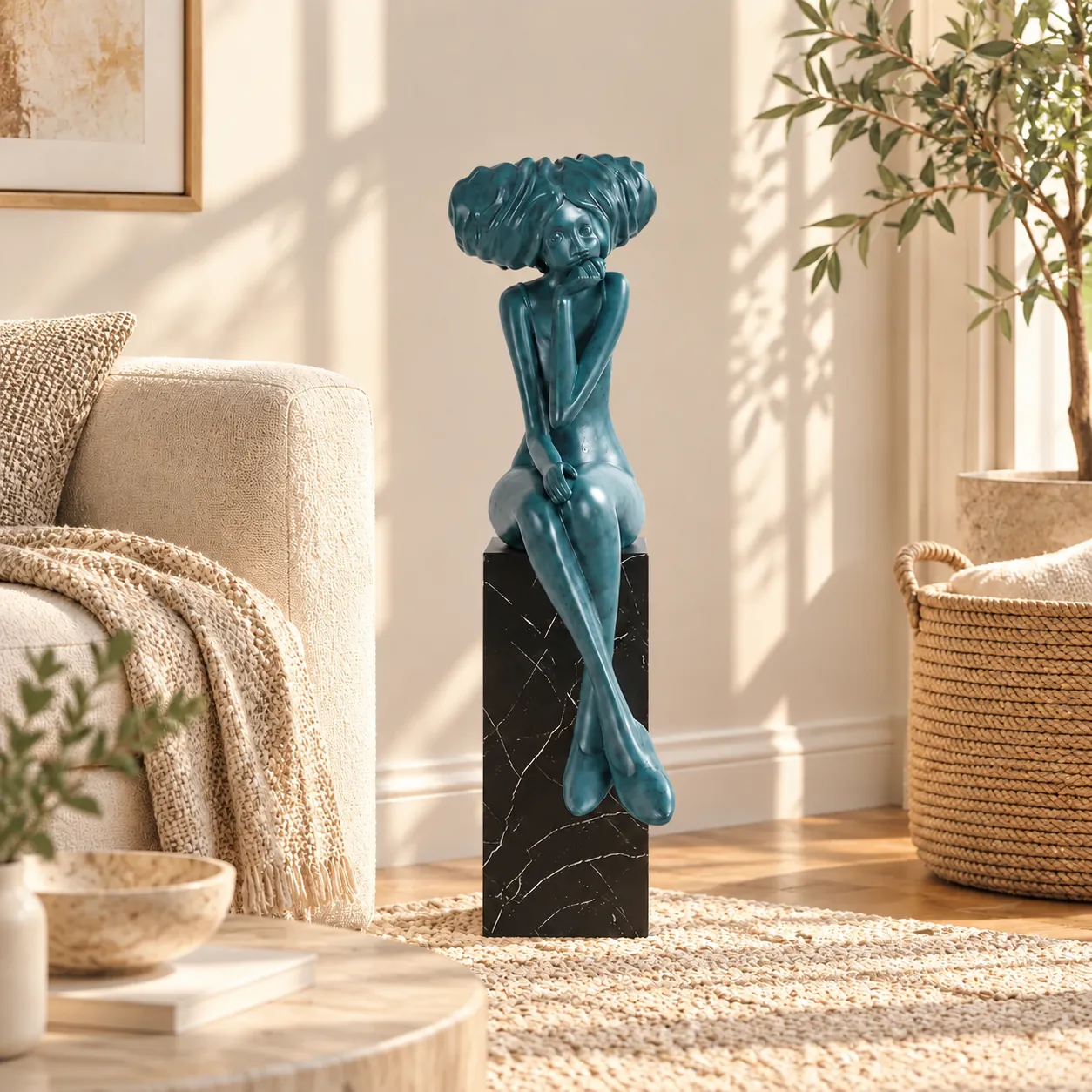 Escultura sentada verde sobre un pedestal en un sal&oacute;n soleado