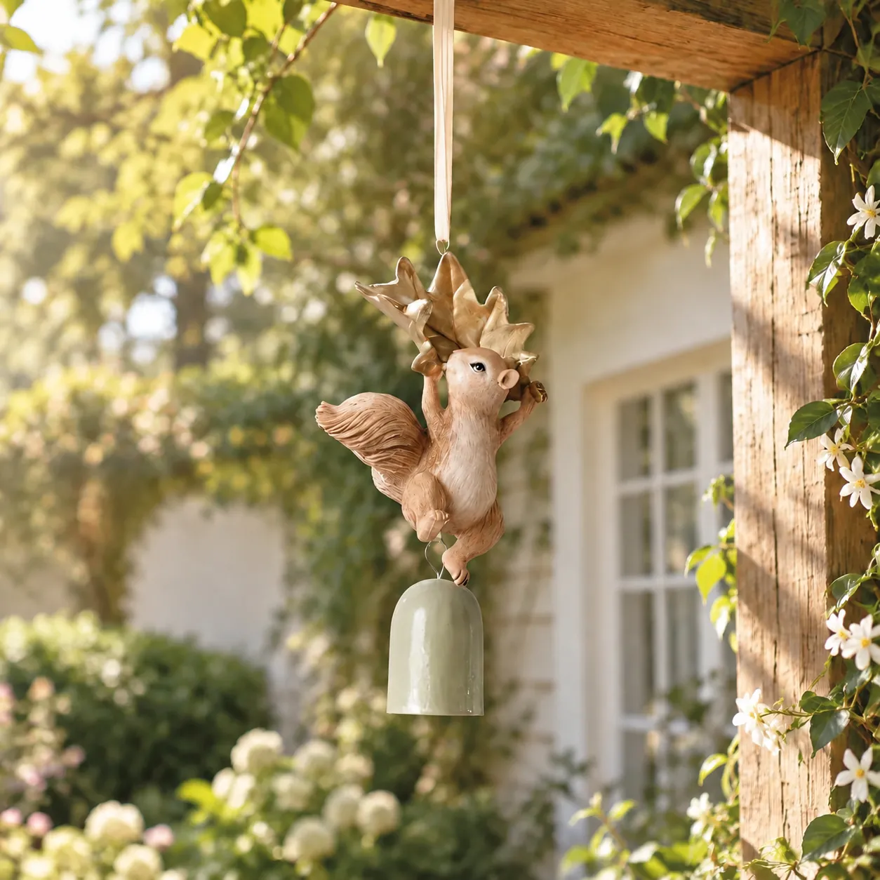 Campana de viento con ardilla en un porche de jard&iacute;n soleado