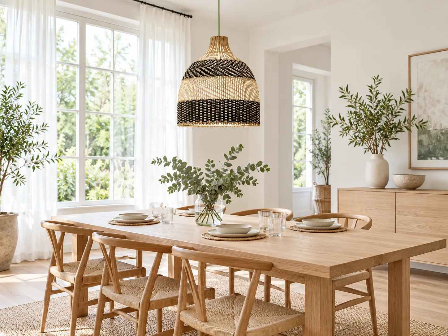 L&aacute;mpara colgante de bamb&uacute; blanco y negro sobre una mesa luminosa