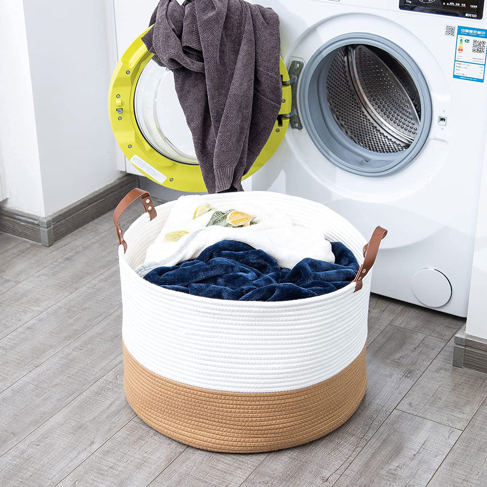 Cestino intrecciato grande 20"x13" Cestino grande per coperte Cestino rotondo per asciugamani Marrone e bianco