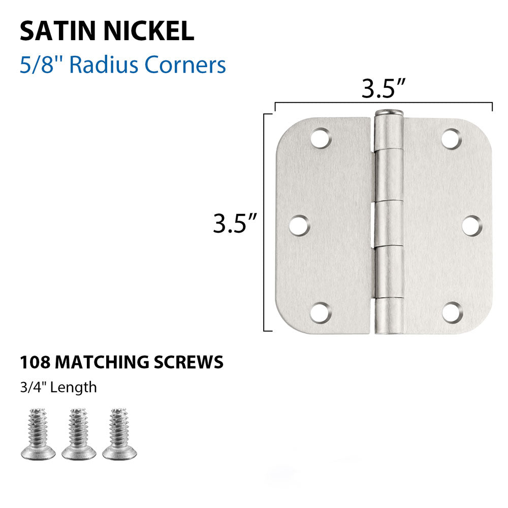 Confezione da 18 cerniere per porte arrotondate in nichel satinato da 3,5 x 3,5 pollici con angoli con raggio di 5/8"