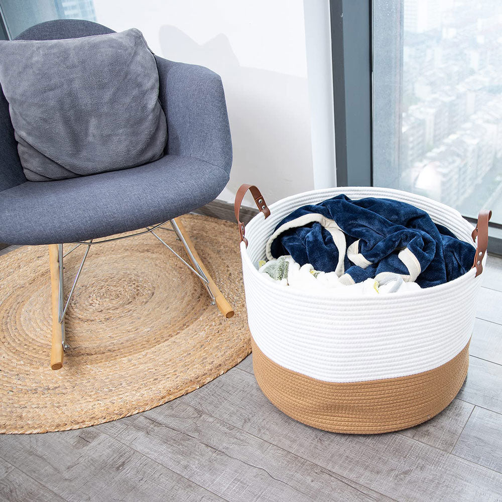 Cestino intrecciato grande 20"x13" Cestino grande per coperte Cestino rotondo per asciugamani Marrone e bianco