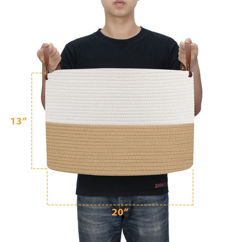 Cestino intrecciato grande 20"x13" Cestino grande per coperte Cestino rotondo per asciugamani Marrone e bianco