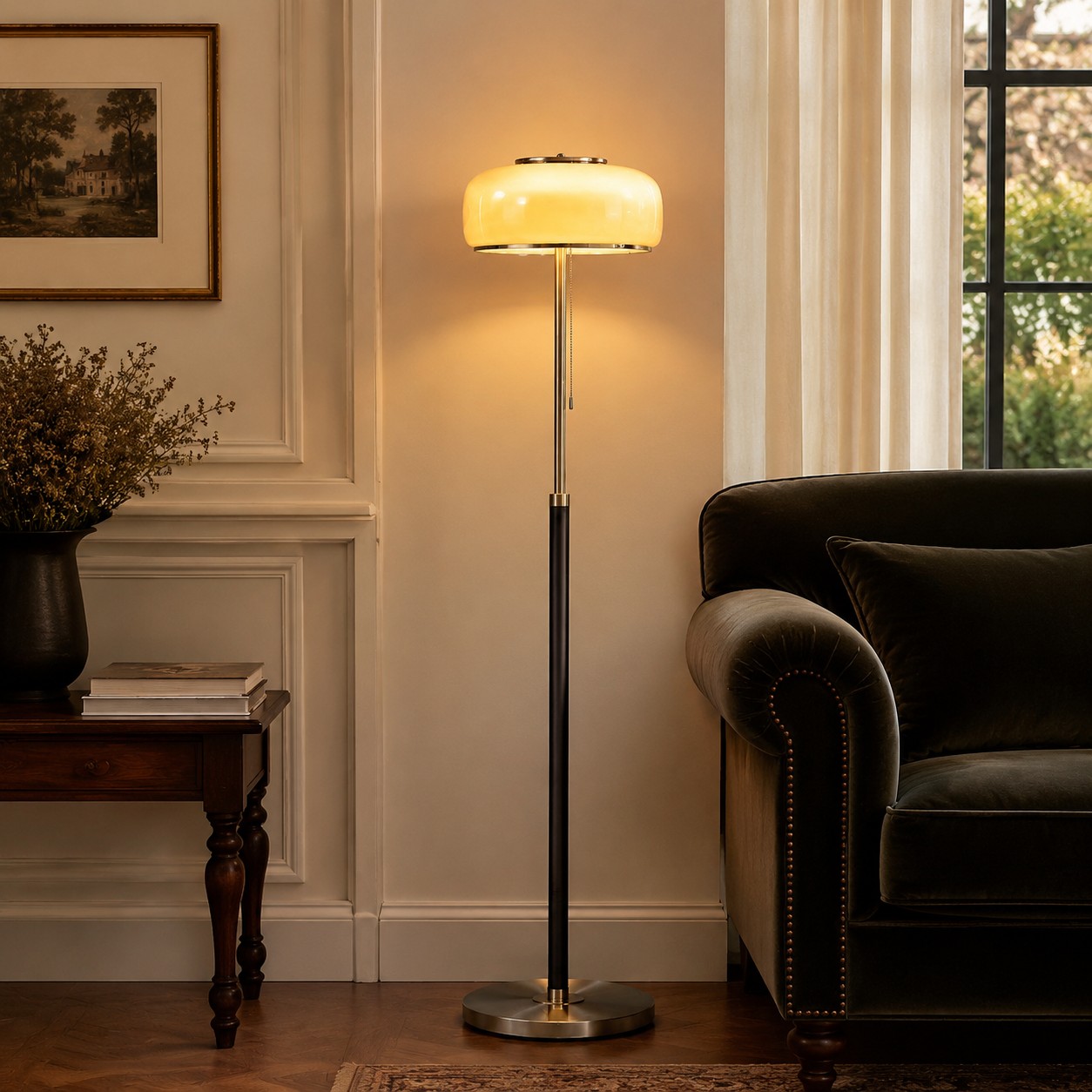 Bauhaus glazen vloerlamp met houten en chromen frame.