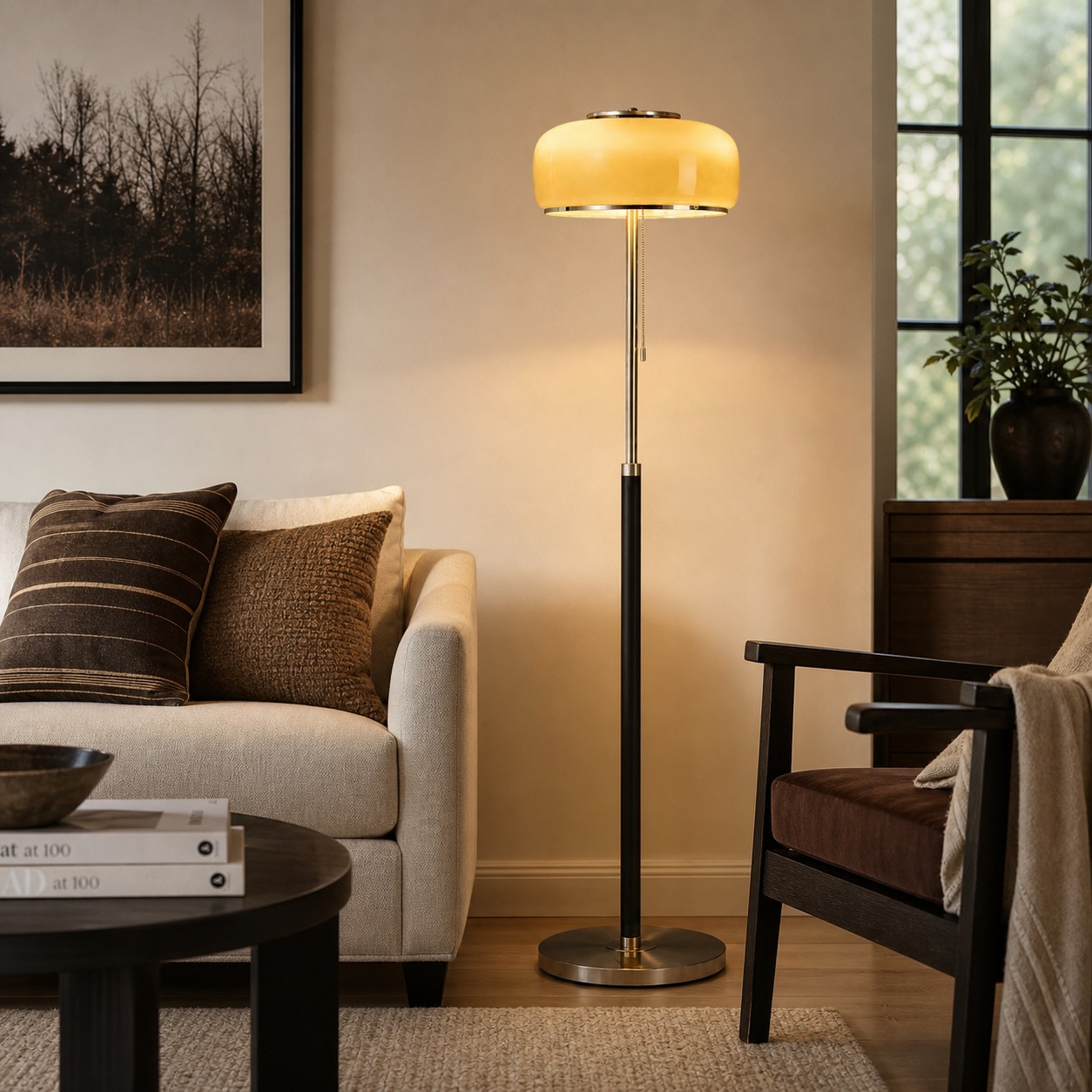 Bauhaus glazen vloerlamp met houten en chromen frame.