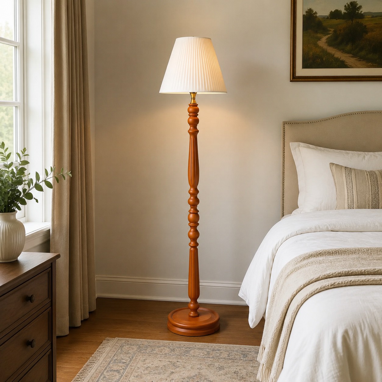 Vintage Stehlampe aus Massivholz mit optionalem Beistelltisch