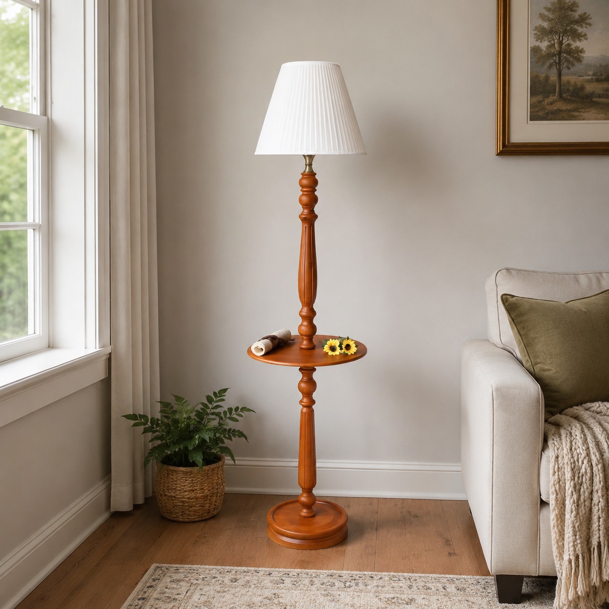 Vintage Stehlampe aus Massivholz mit optionalem Beistelltisch