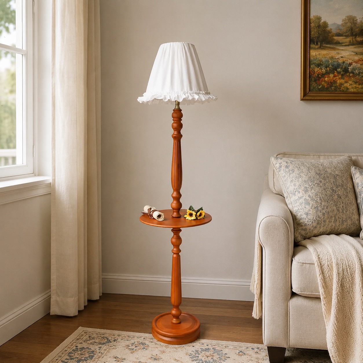 Vintage Stehlampe aus Massivholz mit optionalem Beistelltisch