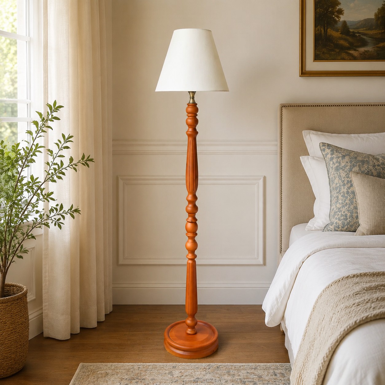Vintage Stehlampe aus Massivholz mit optionalem Beistelltisch