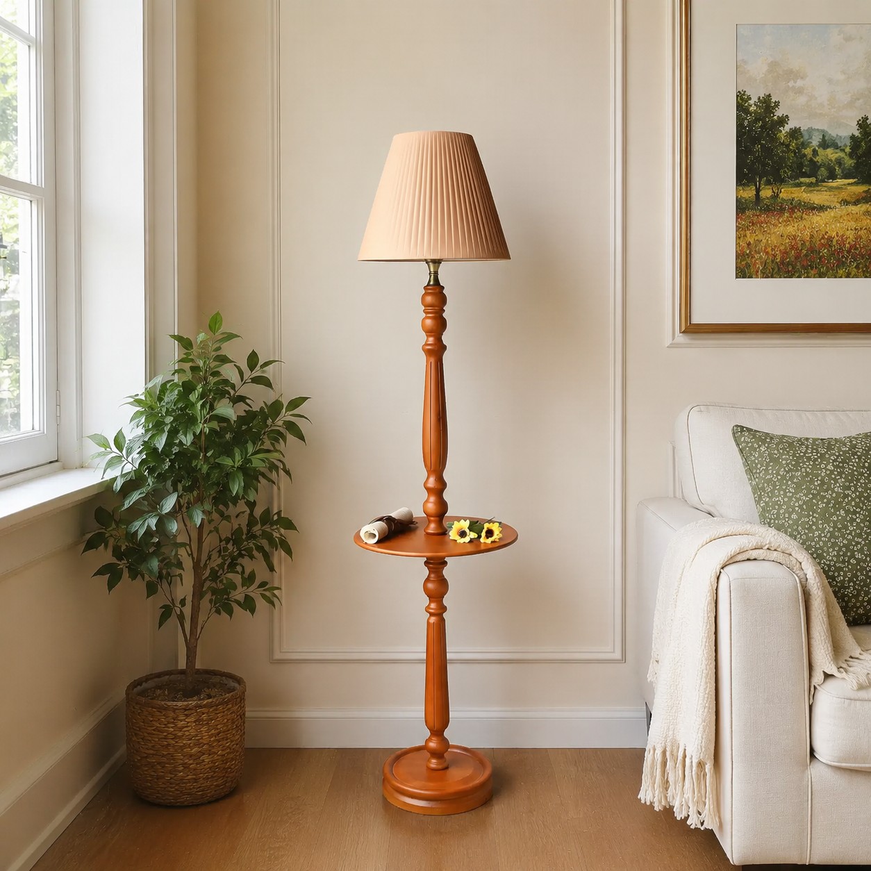 Vintage Stehlampe aus Massivholz mit optionalem Beistelltisch