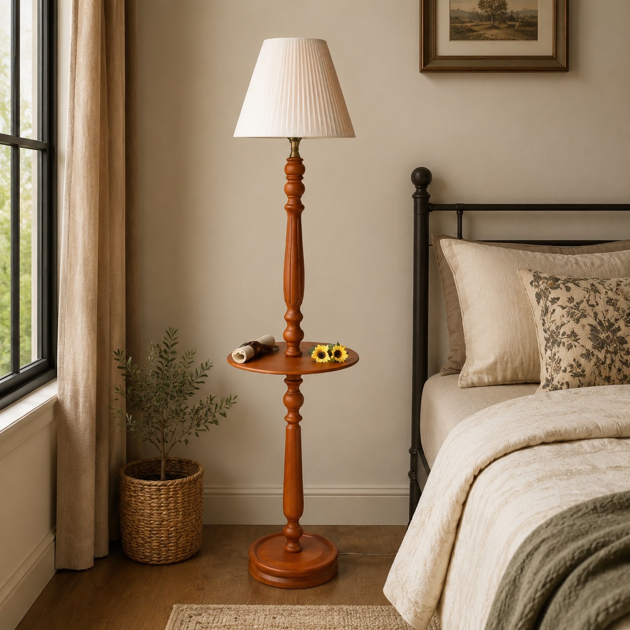 Vintage Stehlampe aus Massivholz mit optionalem Beistelltisch