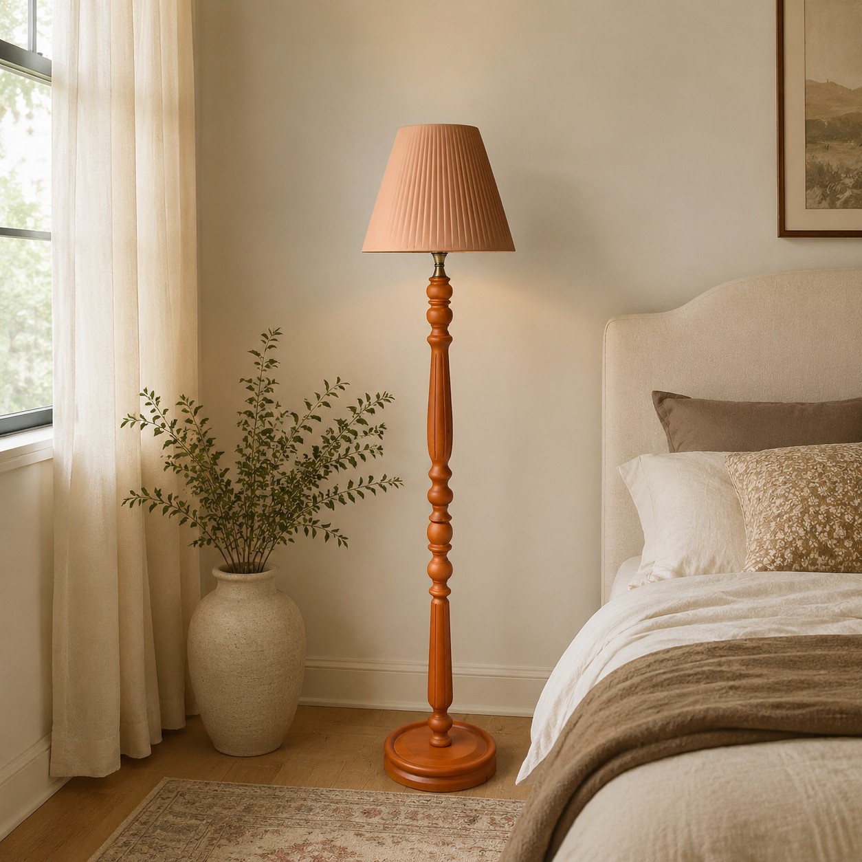 Vintage Stehlampe aus Massivholz mit optionalem Beistelltisch