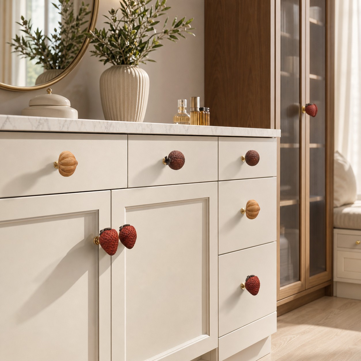 Maniglie artigianali in legno a forma di frutta per mobili