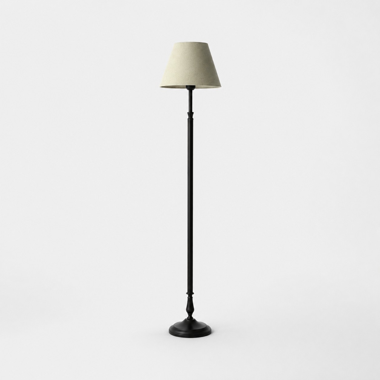 Vintage zwarte ijzeren vloerlamp met stoffen kap