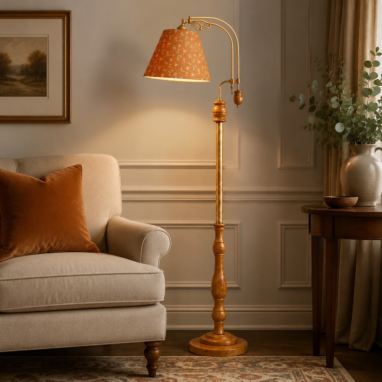 Vintage-Stehlampe aus Holz und Stoff