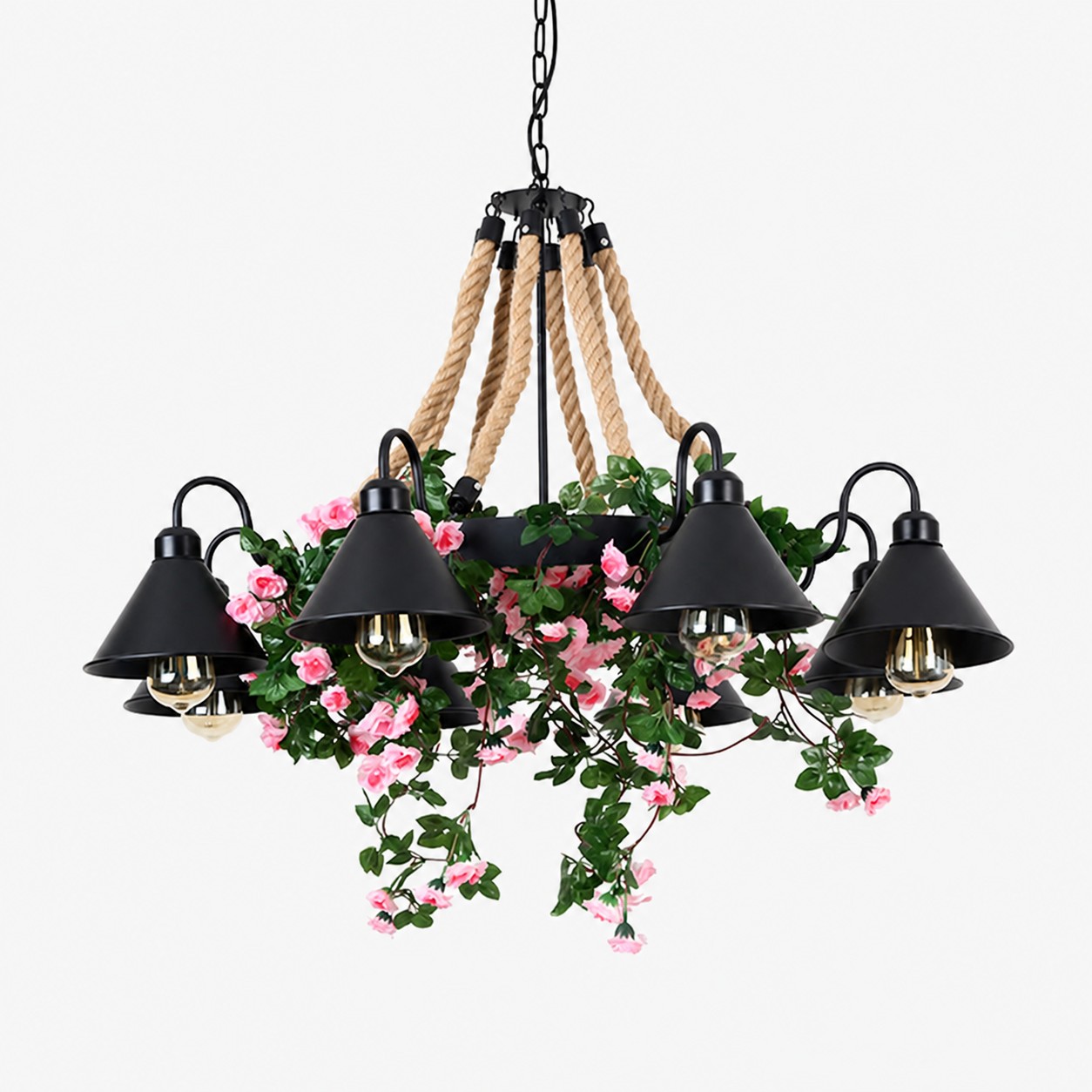 Lustre en corde et verdure en forme de roue de chariot