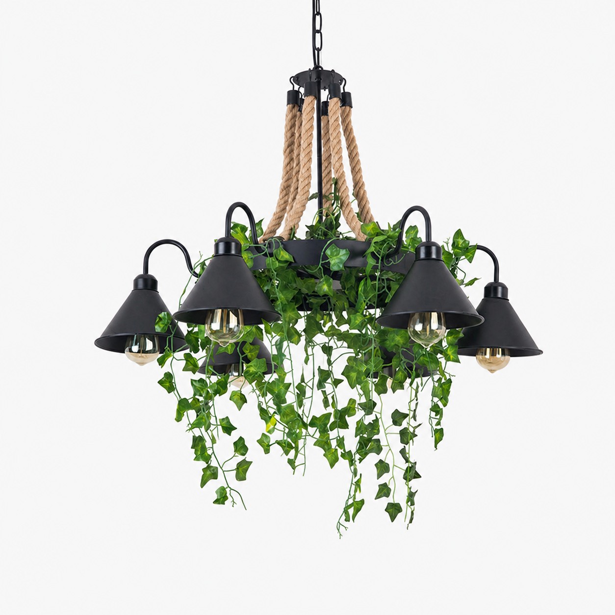 Lustre en corde et verdure en forme de roue de chariot