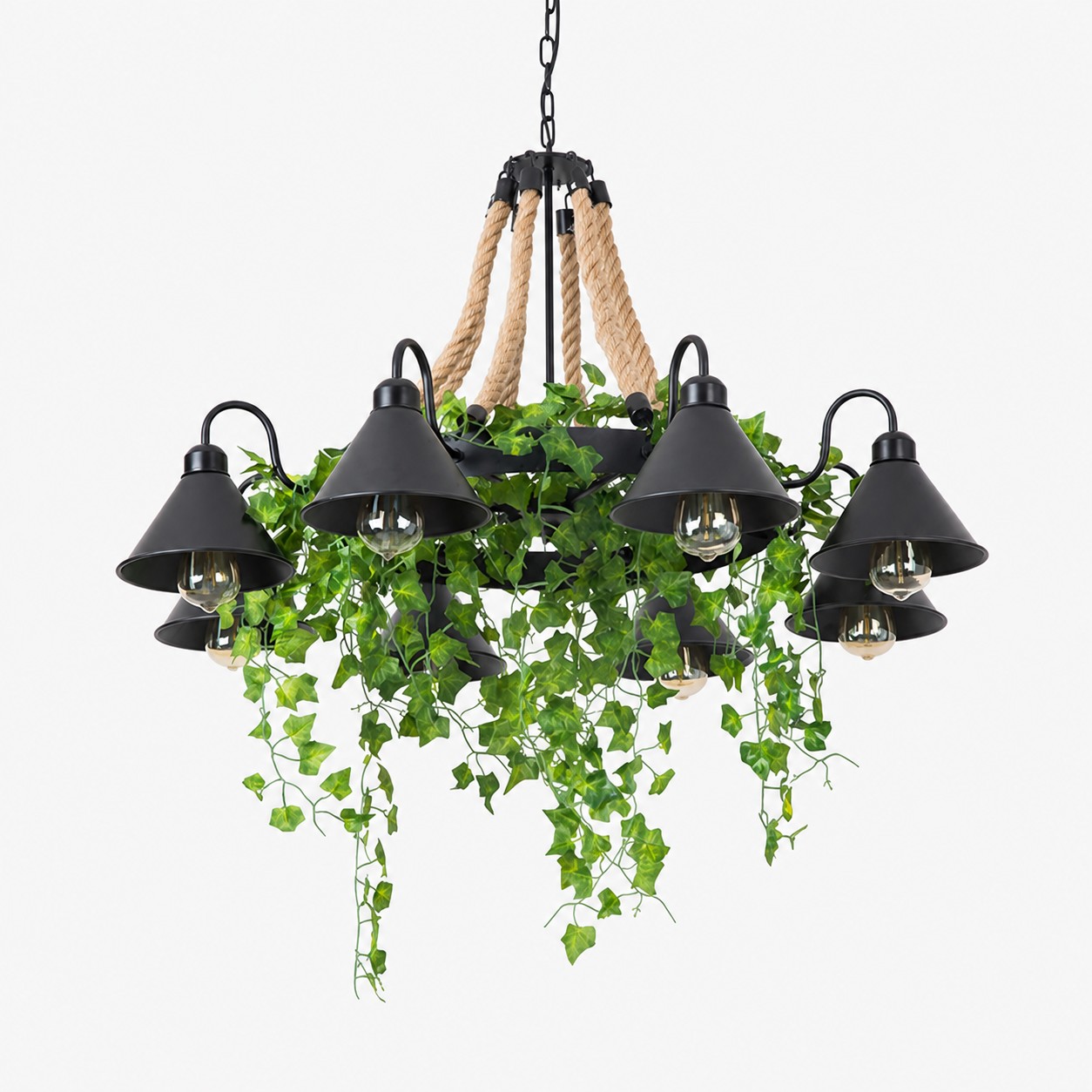 Lustre en corde et verdure en forme de roue de chariot