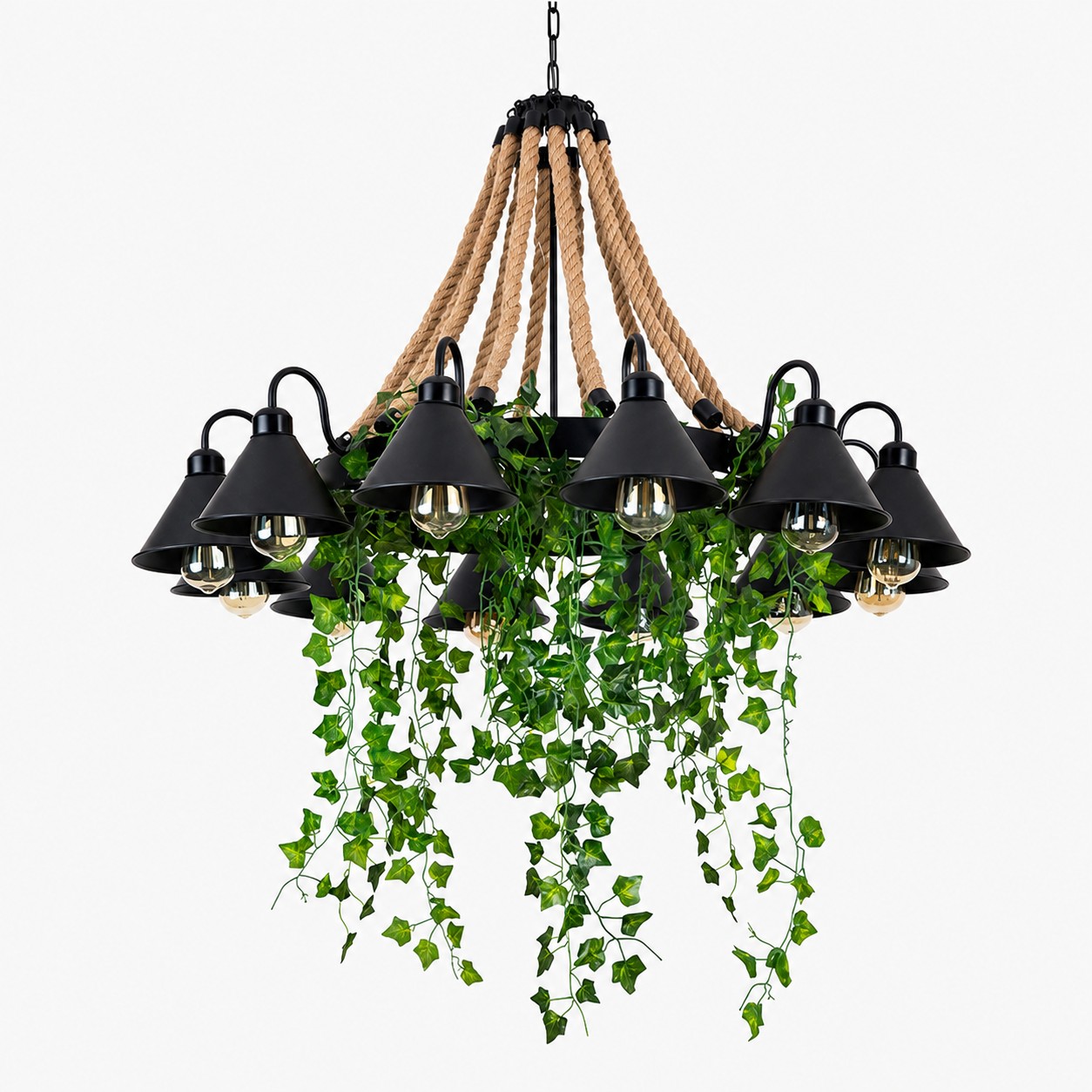 Lustre en corde et verdure en forme de roue de chariot