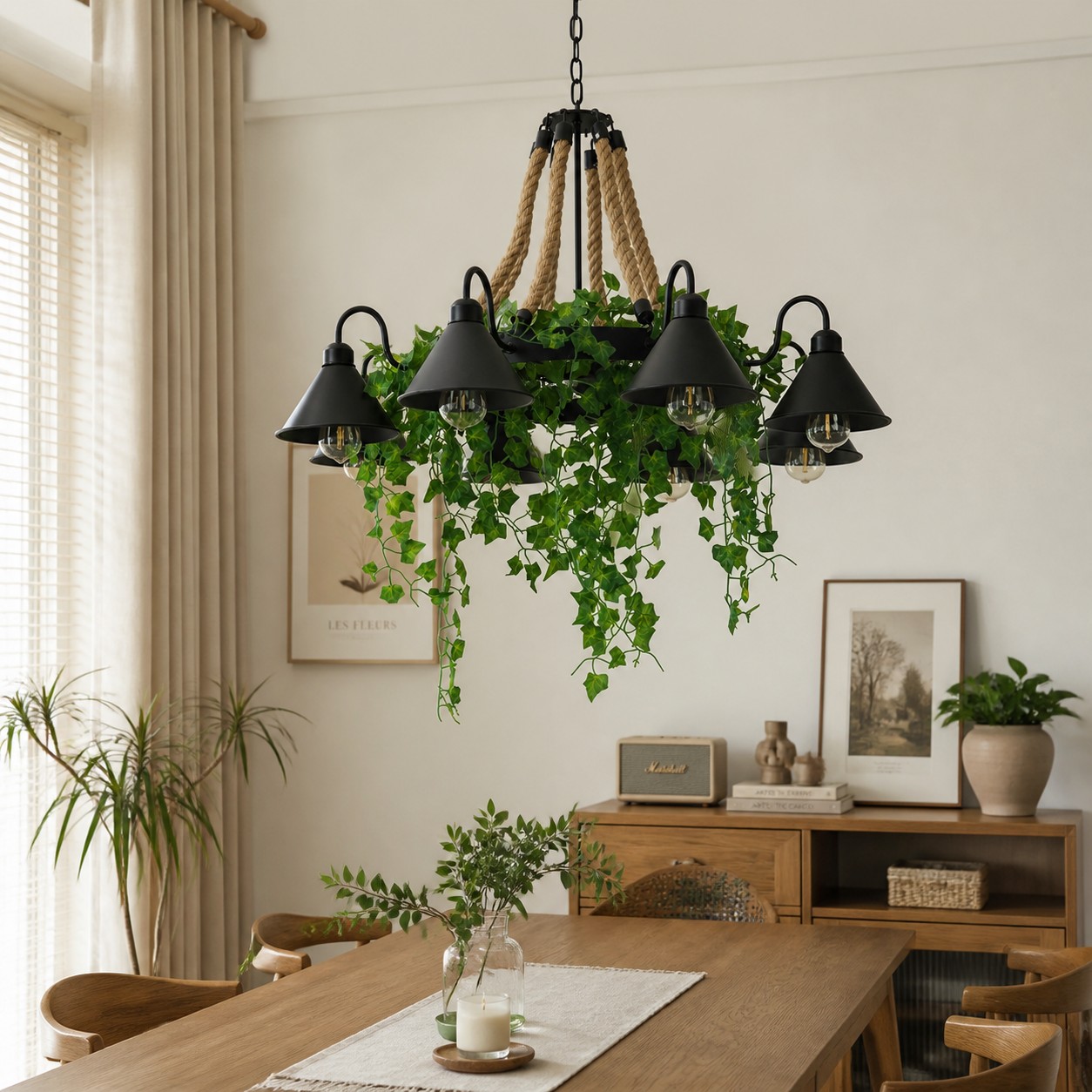 Lustre en corde et verdure en forme de roue de chariot