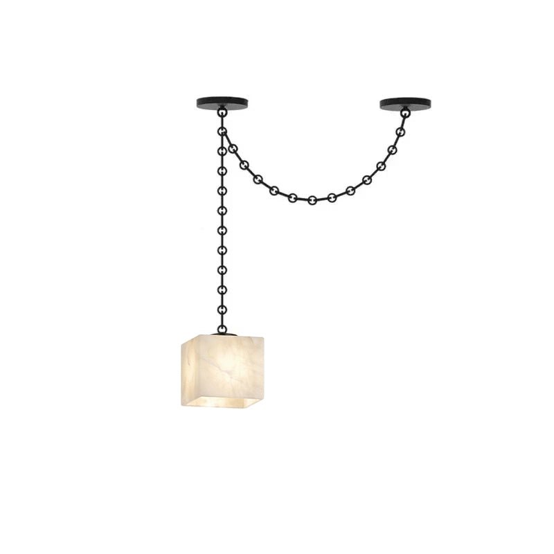Mat albasten kroonluchter met meerdere lampen, vast aangesloten.