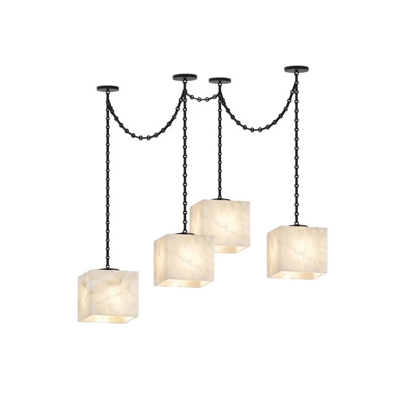 Mat albasten kroonluchter met meerdere lampen, vast aangesloten.