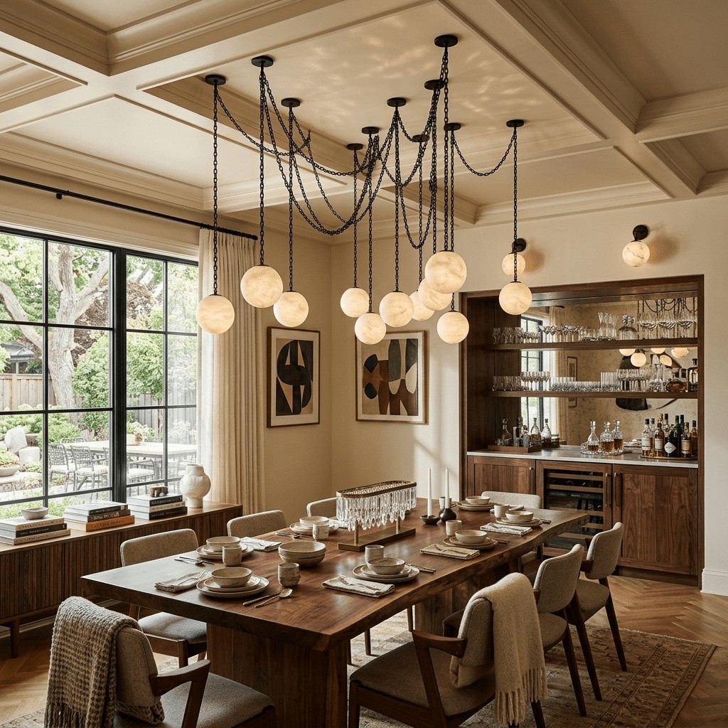 Zwarte metalen albasten bolvormige kroonluchter met vaste bedrading