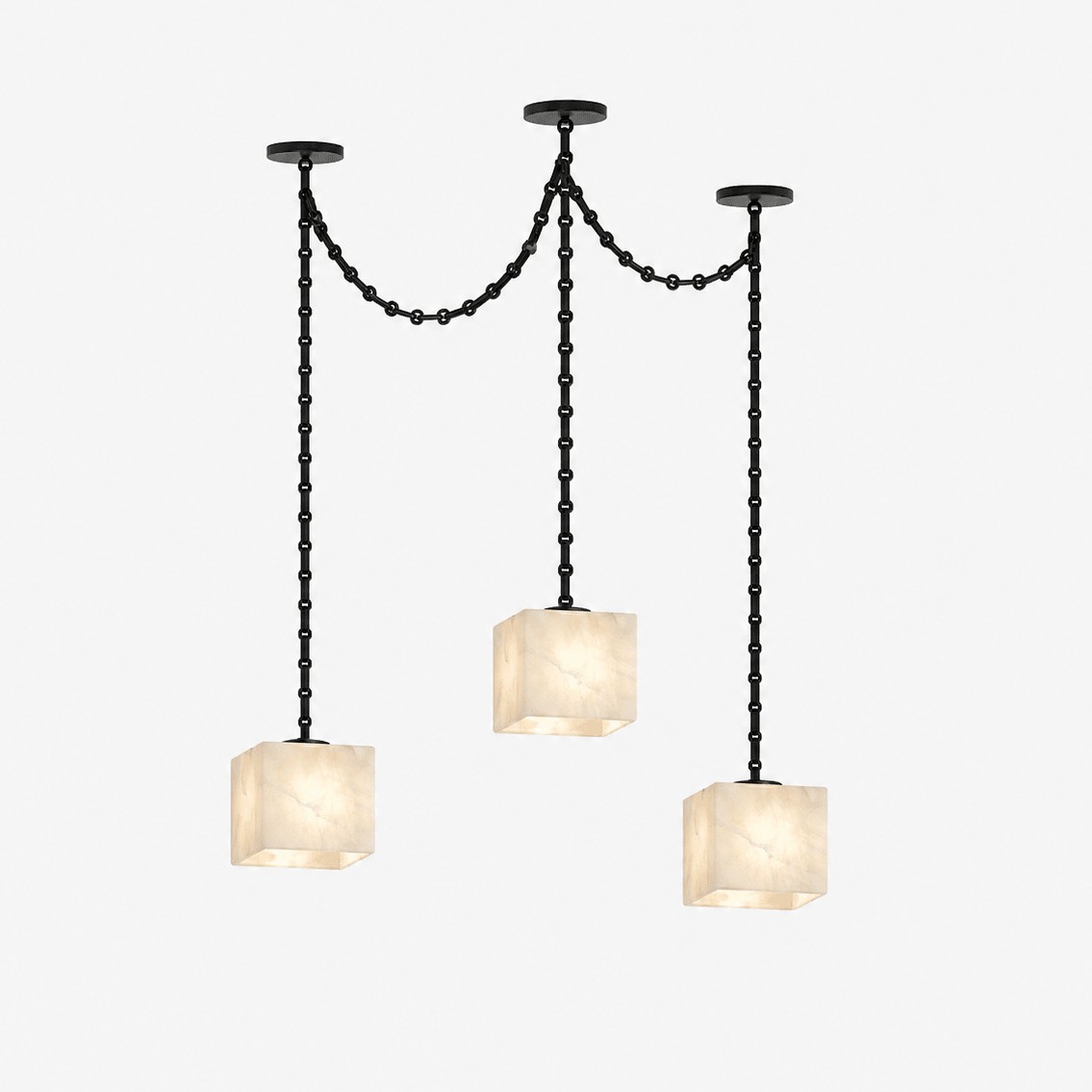 Mat albasten kroonluchter met meerdere lampen, vast aangesloten.