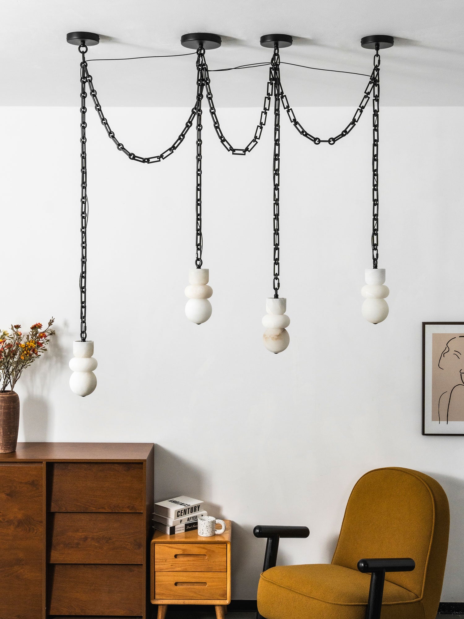 Lampadario a catena in alabastro nero