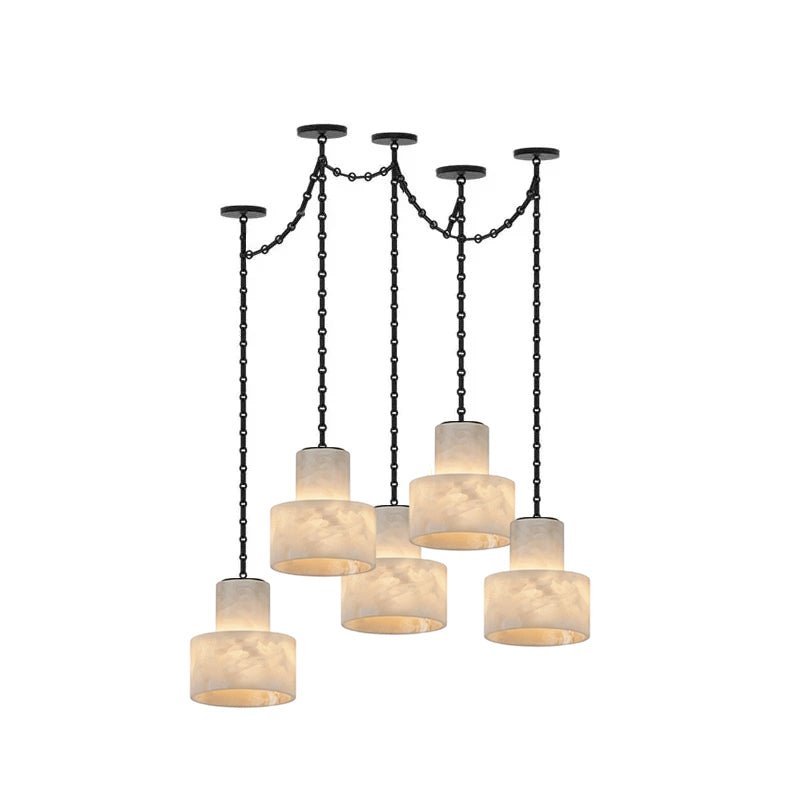 Lustre c&acirc;bl&eacute; en m&eacute;tal noir alb&acirc;tre d&eacute;poli avec abat-jour en m&eacute;tal noir et imitation givre