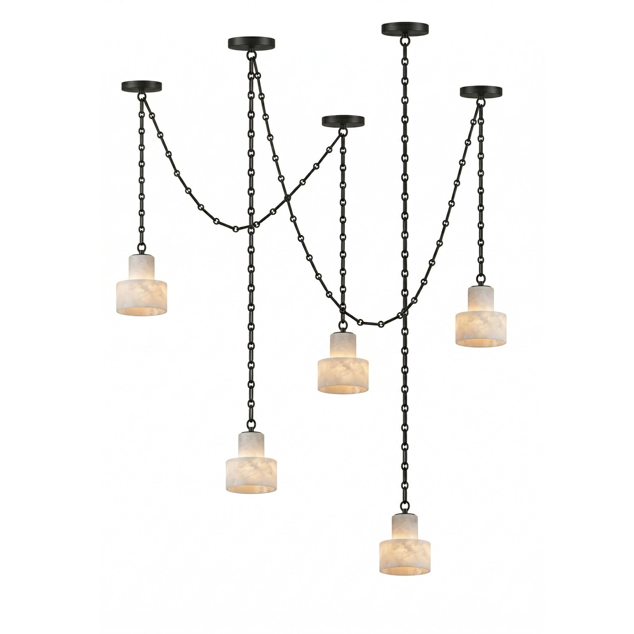 Lustre c&acirc;bl&eacute; en m&eacute;tal noir alb&acirc;tre d&eacute;poli avec abat-jour en m&eacute;tal noir et imitation givre