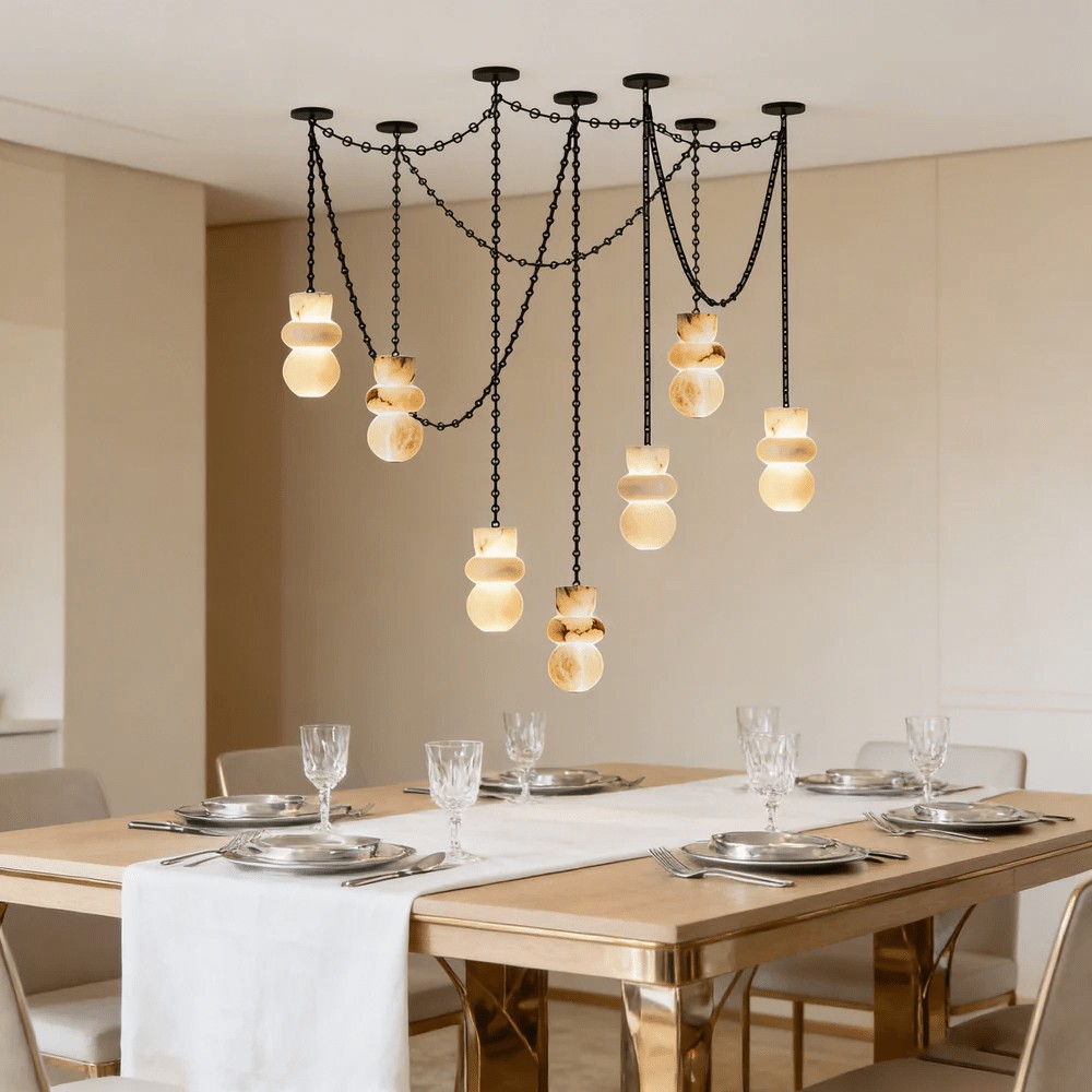 Lampadario a catena in alabastro nero