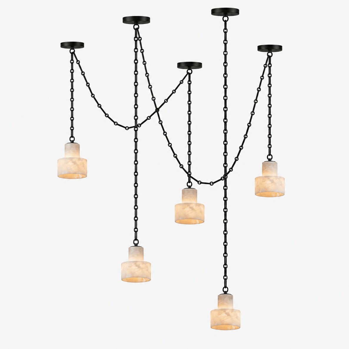 Lustre c&acirc;bl&eacute; en m&eacute;tal noir alb&acirc;tre d&eacute;poli avec abat-jour en m&eacute;tal noir et imitation givre