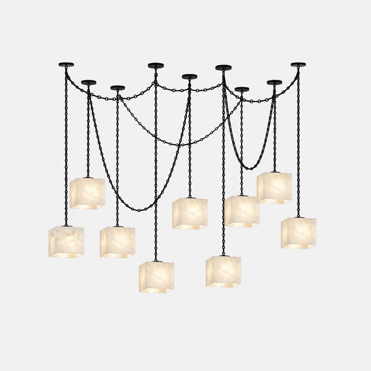 Mat albasten kroonluchter met meerdere lampen, vast aangesloten.
