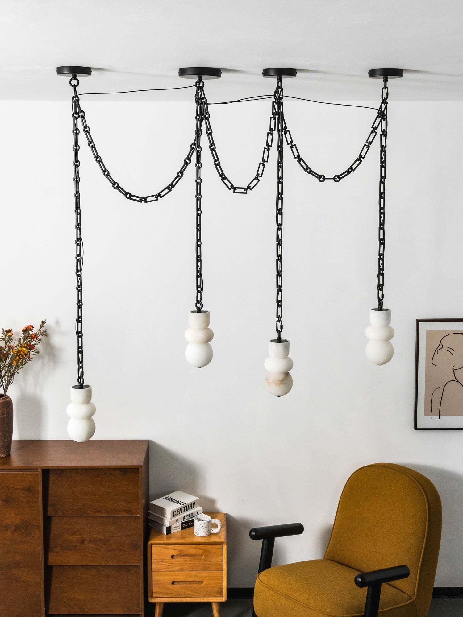 Lampadario a catena in alabastro nero
