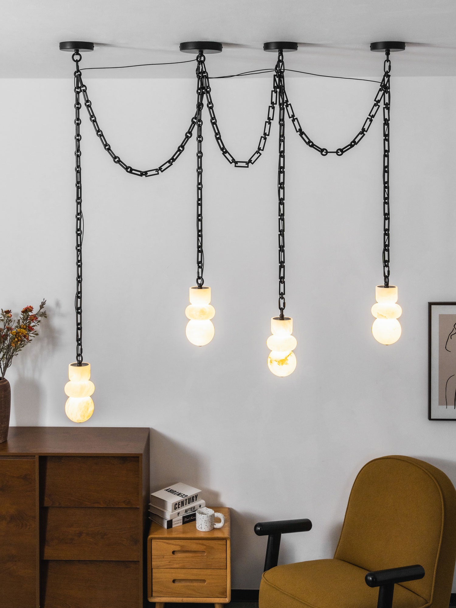 Lampadario a catena in alabastro nero